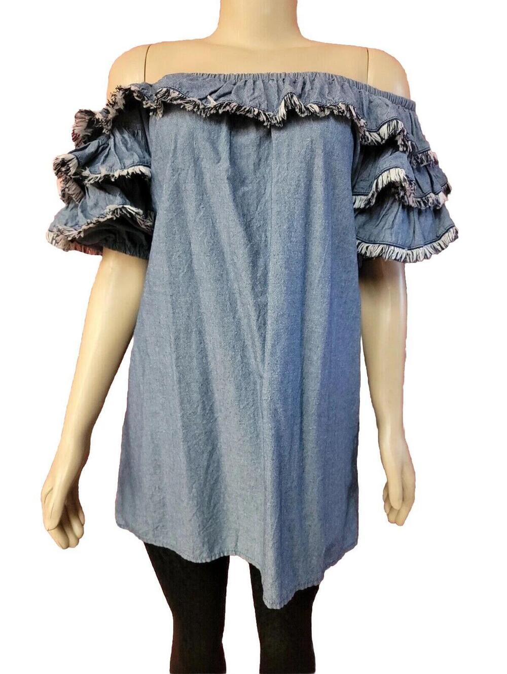 Mp|D Boho Frilled Sleeves Off the shoulders  Size S Blue Women's Top Blouse #CB9 - Picture 2 of 7